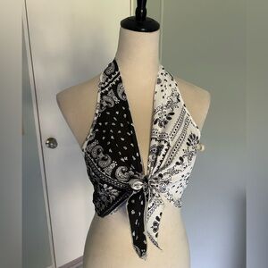 Black and White Paisley Bandana Tie Front Halter Top